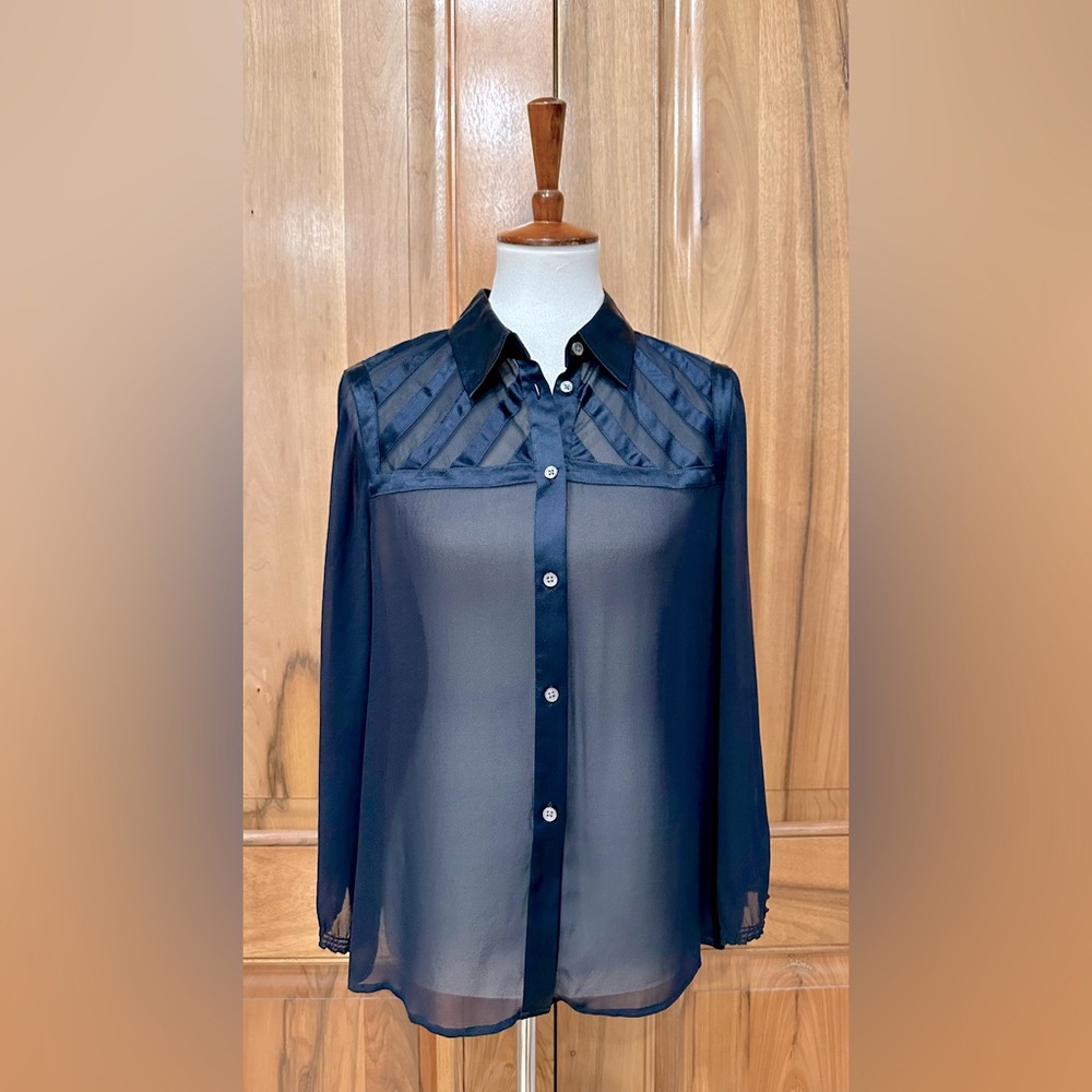 DKNY - Sheer Silk & Satin 3/4 Puffed Sleeve Navy Button-Down, Stripes - EUC - 14
